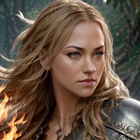 yvonne strahovski warrior princesses, Dynamic pose, Artgerm, Wlop, Greg Rutkowski, high detailed tanned skin, beautiful long hair, intricately detailed eyes, druidic leather vest, wielding an weapon, Attractive, Flames in background; Lumen Global Illumination, Lord of the Rings, Game of Thrones, Hyper-Realistic, Hyper-Detailed, 8k,<lora:epiNoiseoffset_v2:1>