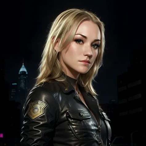 Portrait of yvonne strahovski, beautiful face, in cyberpunk city at night. She is wearing a leather jacket, black jeans, dramatic lighting, (police badge:1.2),<lora:epiNoiseoffset_v2:1>