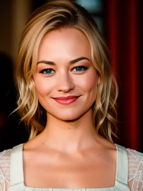 ((realism)), extremely high quality RAW photograph, detailed background, intricate, Exquisite details and textures, highly detailed, Photo of (Yvonne Strahovski) on the red carpet, looking over shoulder to camera, smile, Looking behind the camera, ultra detailed photograph, warm lighting, artstation, 4k, sharp focus, high resolution, detailed skin, detailed eyes, 8k uhd, dslr, low harsh lighting, high quality, film grain, Fujifilm XT3,