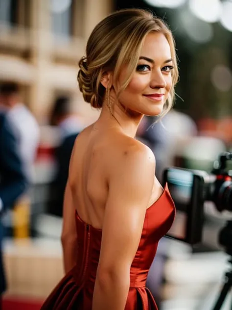 (((back shot:1))), looking over shoulder to camera:1, ((realism)), extremely high quality RAW photograph, detailed background, intricate, Exquisite details and textures, highly detailed, Photo of (Yvonne Strahovski) wearing backless dress on the red carpet, ultra detailed photograph, warm lighting, artstation, 4k, sharp focus, high resolution, detailed skin, detailed eyes, 8k uhd, dslr, low harsh lighting, high quality, film grain, Fujifilm XT3,