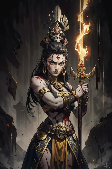 (masterpiece, highres, detailed),(Aztec warrior),(intense atmosphere),(mystical energy),(dramatic lighting),(holding skull),(powerful presence),(ancestral ambiance),(determined warrior),(rich cultural imagery),(ethereal background),(ritualisticvibes),(warrior strength),(dripping blood background)