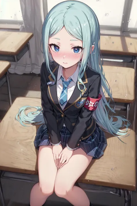 masterpiece, high detail, clear face, indoor, classroom, open window, curtain, wind, (zooming in), from above,
sitting, head down, looking up, full-face blush,
ririi, long hair, school uniform, black jacket, open jacket, necktie, collared shirt, blazer, long sleeves, armband, blue skirt, plated skirt
<lyco:gomaotsu-lily-t2-000050:0.6>