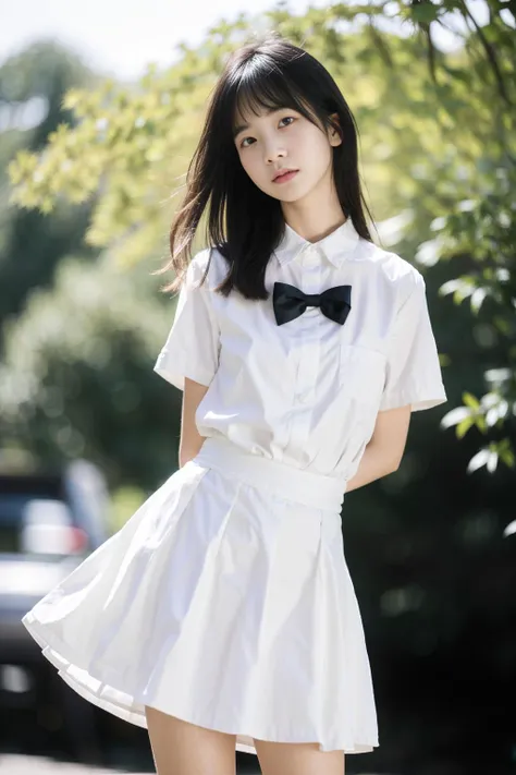 full body,bare legs,FILMG,<lora:qincai-000018:0.66>depth of field,blurry background,(8k, RAW photo, best quality, masterpiece:1.2),(realistic, photo-realistic:1.37),qincai,1girl,arms behind back,hair bow, school uniform,looking at viewer,big eyes,beautiful eyes, (pureerosface_v1:0.3) <lora:FilmG4:1>