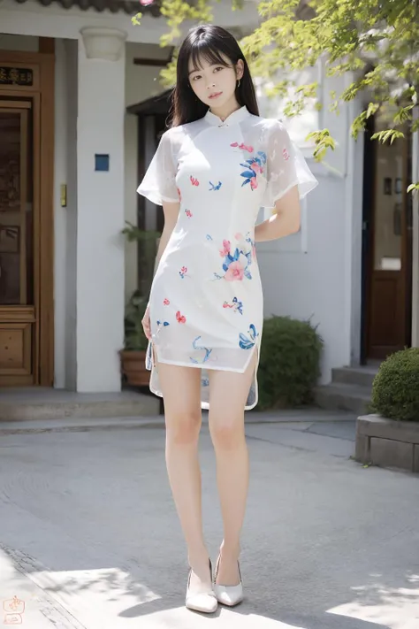depth of field,blurry background,(realistic:1.7),((best quality)),absurdres,(ultra high res),(photorealistic:1.6),photorealistic,octane render,(hyperrealistic:1.2), (photorealistic face:1.2), (8k), (4k), (Masterpiece),(realistic skin texture),qincai,1girl,(akusema printed short china dress:1.7),arms behind back,bare thighs,ulzzang-6500, pureerosface_v1,(full body:1.4), high heels,,(standing),(outdoors), <lora:ChinaDress:0.3>, <lora:qincai-000018:0.7>