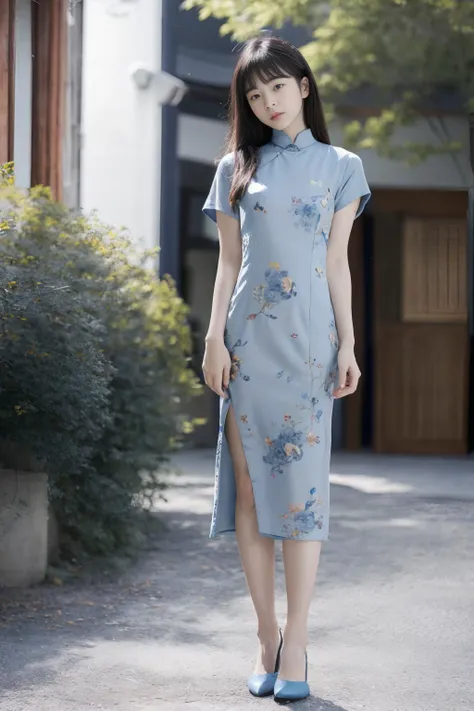 depth of field,blurry background,(realistic:1.7),((best quality)),absurdres,(ultra high res),(photorealistic:1.6),photorealistic,octane render,(hyperrealistic:1.2), (photorealistic face:1.2), (8k), (4k), (Masterpiece),(realistic skin texture),qincai,1girl,(short blue printed china dress:1.7),arms behind back,bare thighs,ulzzang-6500, pureerosface_v1,(full body:1.4), high heels,,(standing),(outdoors), <lora:ChinaDress:0.3>, <lora:qincai-000018:0.7>