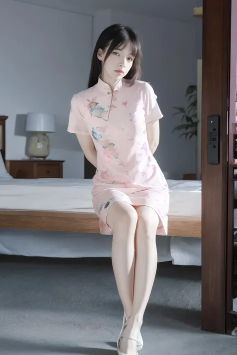 depth of field,blurry background,(realistic:1.7),((best quality)),absurdres,(ultra high res),(photorealistic:1.6),photorealistic,octane render,(hyperrealistic:1.2), (photorealistic face:1.2), (8k), (4k), (Masterpiece),(realistic skin texture),qincai,1girl,(pink printed short china dress:1.7),arms behind back,bare legs,ulzzang-6500, pureerosface_v1,(full body:1.4), ,sitting on bed,(indoors),in bedroom, <lora:ChinaDress:0.3>, <lora:qincai-000018:0.7>