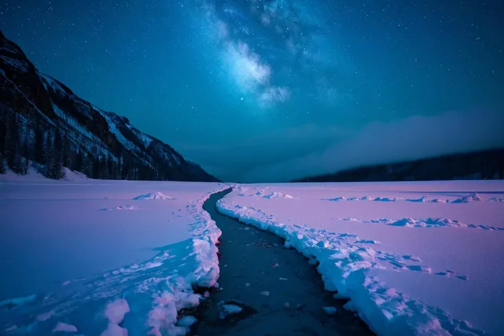 a hauntingly beautiful landscape, shrouded in the deep shadows of a long, frigid night, the scene evokes a sense of stillness and quiet mystery, where the cold air bites and the stars glitter like distant, icy diamonds , ambient lighting,