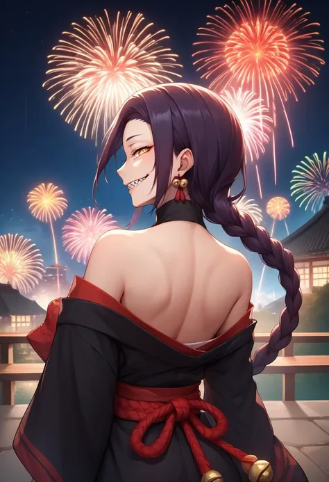 score_9, score_8_up, score_7_up, source_anime, from behind, solo, 1girl, chikujoin magane, sharp teeth, smile, looking back, single braid, hair bell, black kimono, off shoulder, red sash, bare shoulders, fireworks <lora:recreators_chikujoin_ponyXL:1>