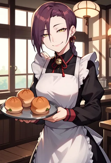 score_9, score_8_up, score_7_up, solo, 1girl, chikujoin magane, smirk, closed mouth, looking at viewer, holding tray, single braid, hair bell, maid, black dress, puffy long sleeves, white apron, indoors <lora:recreators_chikujoin_ponyXL:1>