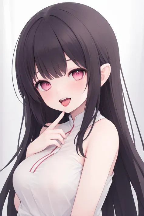 1girl, solo, black hair, smile, looking at viewer, long hair, bangs, curtains, red eyes, bare shoulders, finger to mouth, pointy ears, tongue, white background, pink eyes, simple background, upper body, curtain grab, blush, open mouth, teeth