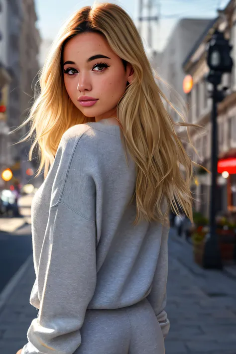 photo of (s0fiag0mez:0.99), a woman as a sexy model, ((blonde hair:1.3)), modelshoot style, (extremely detailed CG unity 8k wallpaper), photo of the most beautiful artwork in the world, professional majestic oil painting by Ed Blinkey, Atey Ghailan, Studio Ghibli, by Jeremy Mann, Greg Manchess, Antonio Moro, trending on ArtStation, trending on CGSociety, Intricate, High Detail, Sharp focus, dramatic, photorealistic painting art by midjourney and greg rutkowski, (comfy sweater:1.2), (baggy sweat pants:1.2), (sneakers), (on the sidewalk), ((walking down the sidewalk)), (carrying shopping bags), ((stores in the background)), ((street in the background)), (busy street), (looking at viewer), (detailed pupils:1.3), (modern outfit:1.2), (closeup:1.1), red lips, (eye shadow), (partially closed lips:1.2), (parted_lips:1.2)