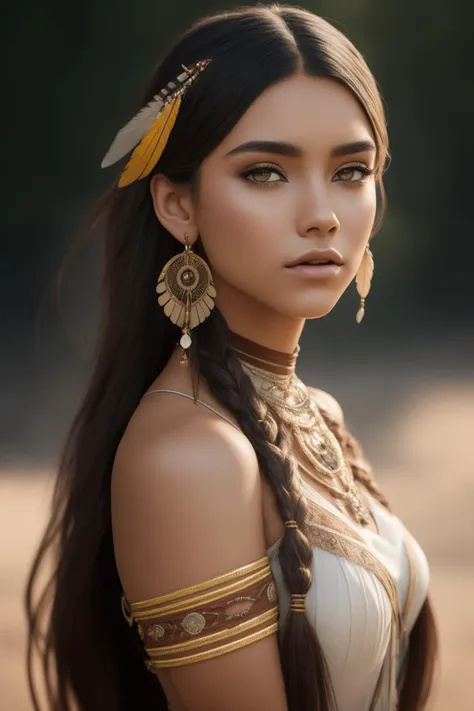 close-up photo, mdjrny-v4 style portrait photograph of Madison Beer as Pocahontas, young beautiful native american woman, perfect symmetrical face, feather jewelry, traditional handmade dress, armed female hunter warrior, (((wild west))) environment, Utah landscape, ultra realistic, concept art, elegant, ((intricate)), ((highly detailed)), depth of field, ((professionally color graded)), 8k, art by artgerm and greg rutkowski and alphonse mucha, depth of field, bokeh, soft light, centered, extremely detailed, Nikon D850, (35mm|50mm|85mm), award_winning_photography