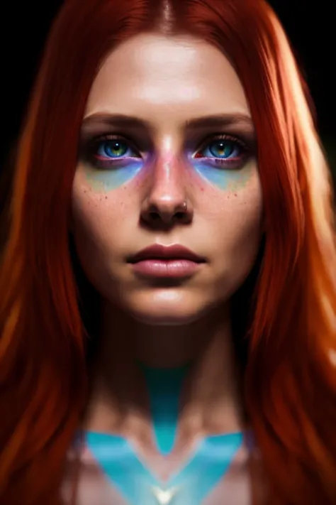 beautiful gorgeous 8k unity render, female, pale Indian red hair, sitting at treehouse, very dark lighting, dreary, spooky, extreme wide angle lens, eerie, detailed, rainbow eyes, detailed face, (vibrant, photo realistic, realistic, dramatic, dark, sharp focus, 8k)