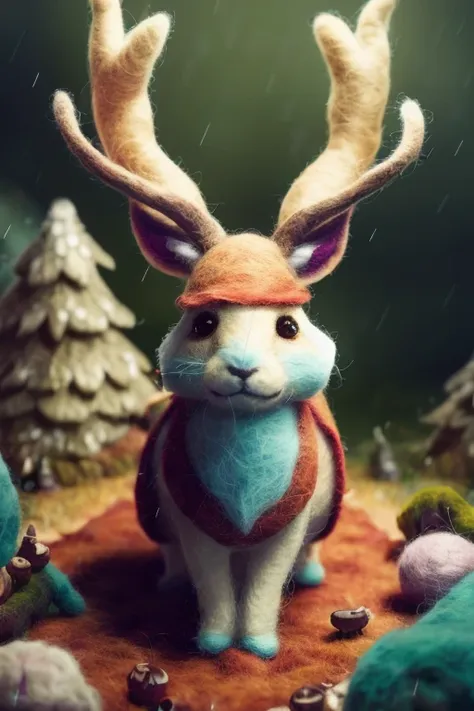 beautiful portrait of cute jackalope in the middle of magical forrest, felt, felted, fuzzy, handmade, handcrafted, plushie, doll, diorama, scene, close up, tilt shift, award winning photography, intricate details, insanely detailed, cinematic lighting, sharp focus, 85mm lens, unreal engine, octane render