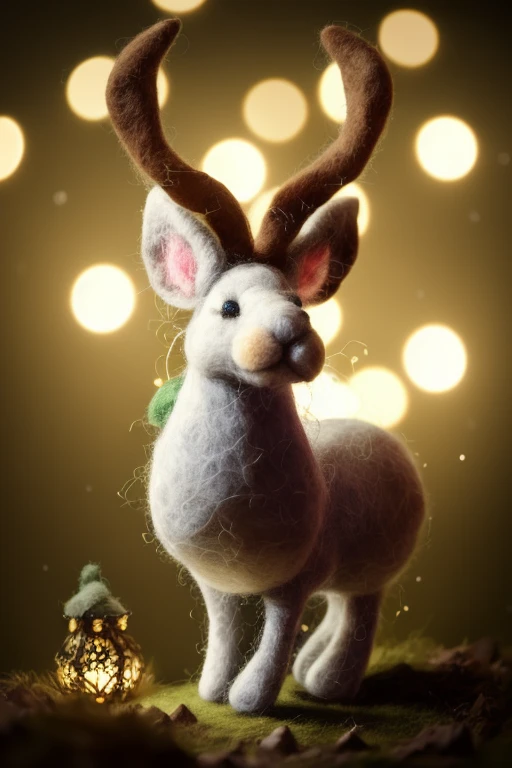 beautiful portrait of cute jackalope in the middle of magical forrest at night, magic lights, sparkles, felt, felted, fuzzy, handmade, handcrafted, plushie, doll, diorama, scene, close up, tilt shift, award winning photography, intricate details, insanely detailed, cinematic lighting, sharp focus, 85mm lens, unreal engine, octane render