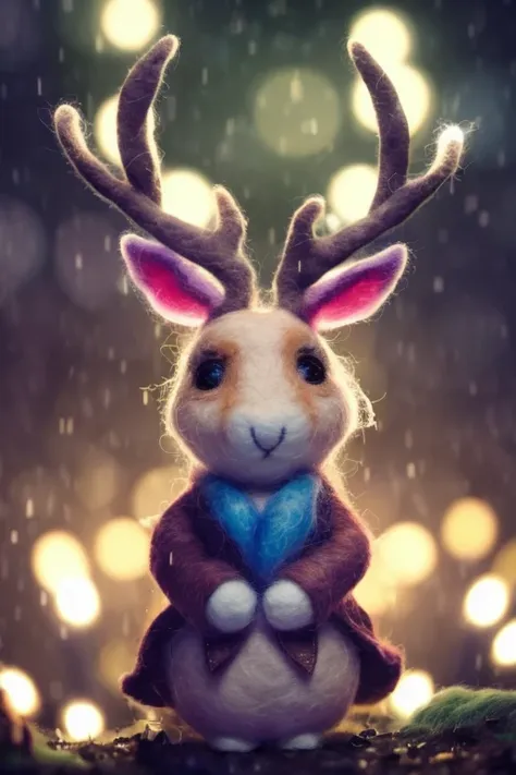 beautiful portrait of cute jackalope in the middle of magical forrest at night, magic lights, sparkles, felt, felted, fuzzy, handmade, handcrafted, plushie, doll, diorama, scene, close up, tilt shift, award winning photography, intricate details, insanely detailed, cinematic lighting, sharp focus, 85mm lens, unreal engine, octane render