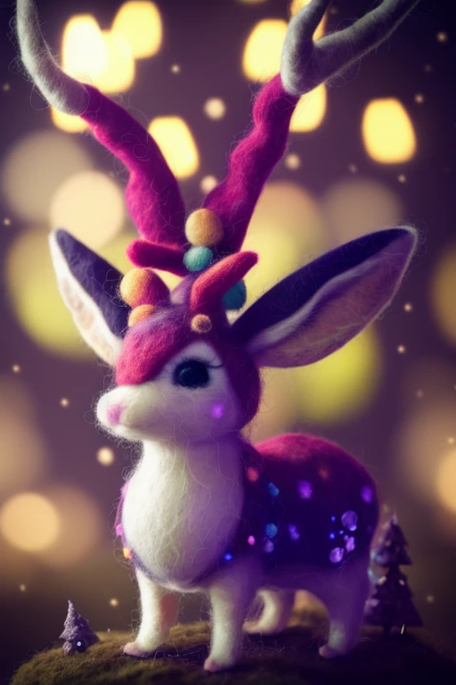 beautiful portrait of cute jackalope in the middle of magical forrest at night, magic lights, sparkles, felt, felted, fuzzy, handmade, handcrafted, plushie, doll, diorama, scene, close up, tilt shift, award winning photography, intricate details, insanely detailed, cinematic lighting, sharp focus, 85mm lens, unreal engine, octane render