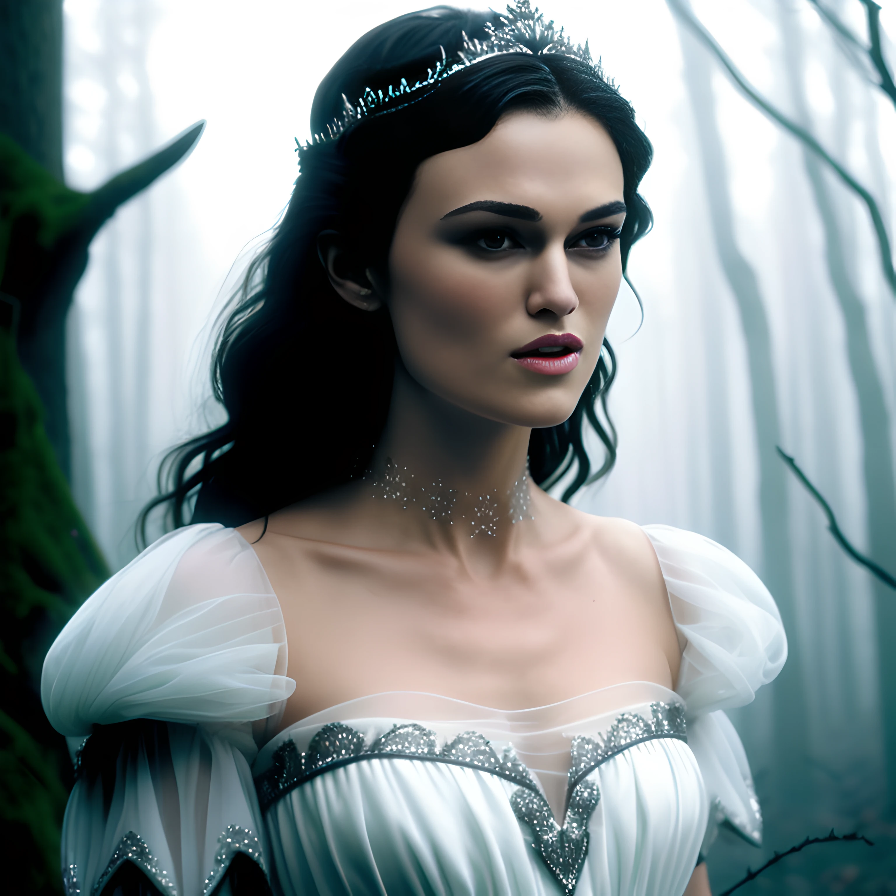 masterpiece, full body intricate, sharp focus, ultrarealistic, age Keira Knightley as snow white, love actually, (waist up), intricate face, closed mouth, transparent white dress, ice crown, horror, forest, fog, terror