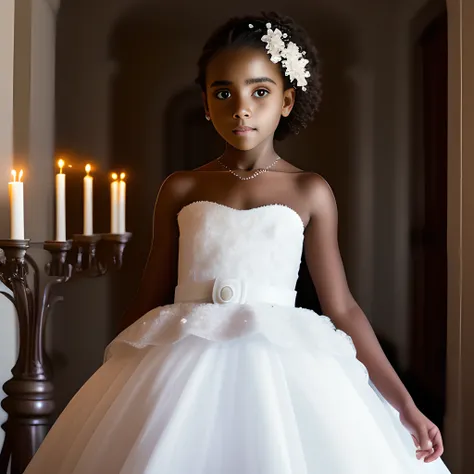 masterpiece, sharp focus, ultrarealistic, **** black 1girl, standing, (((waist up))), beautifil intricate surprised face, detailed eyes, intricate hair with flowers, white dress, only candles light, dark old room