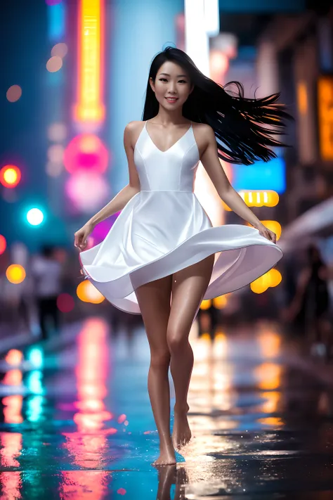 masterpiece, vibrant, dramatic, sharp focus, 8k, slim asian woman, half-wet pure white dress, long black hair, intricate shiny body, natural hair movement, bare feet, (jumping up), natural movement, fully wet night city street with lights, puddles, ray tracing, (pov front)