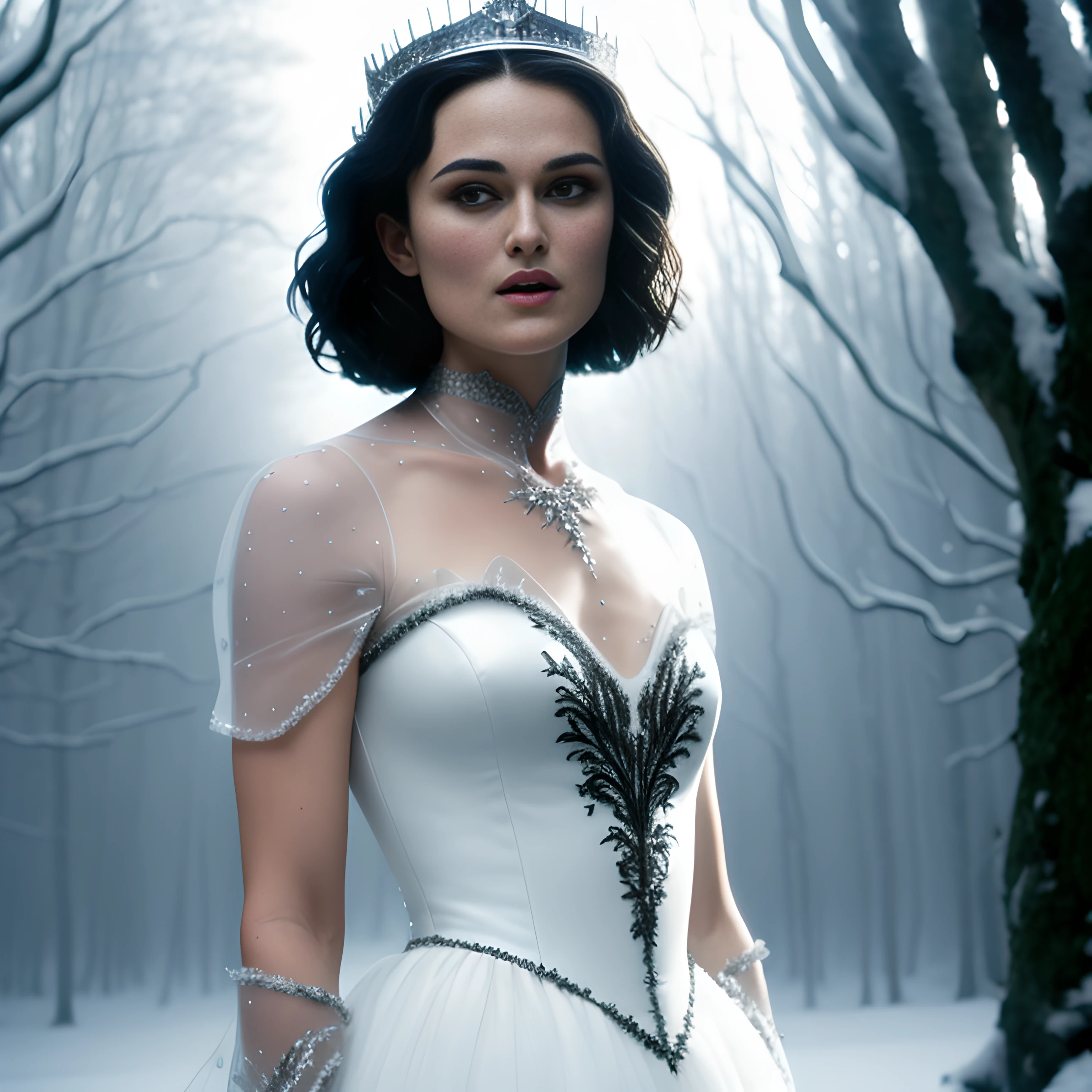 masterpiece, full body intricate, sharp focus, ultrarealistic, age Keira Knightley as snow white, love actually, intricate face, transparent white dress, ice crown, horror, forest, fog, terror