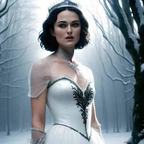 masterpiece, full body intricate, sharp focus, ultrarealistic, teenage Keira Knightley as snow white, love actually, intricate face, transparent white dress, ice crown, horror, forest, fog, terror