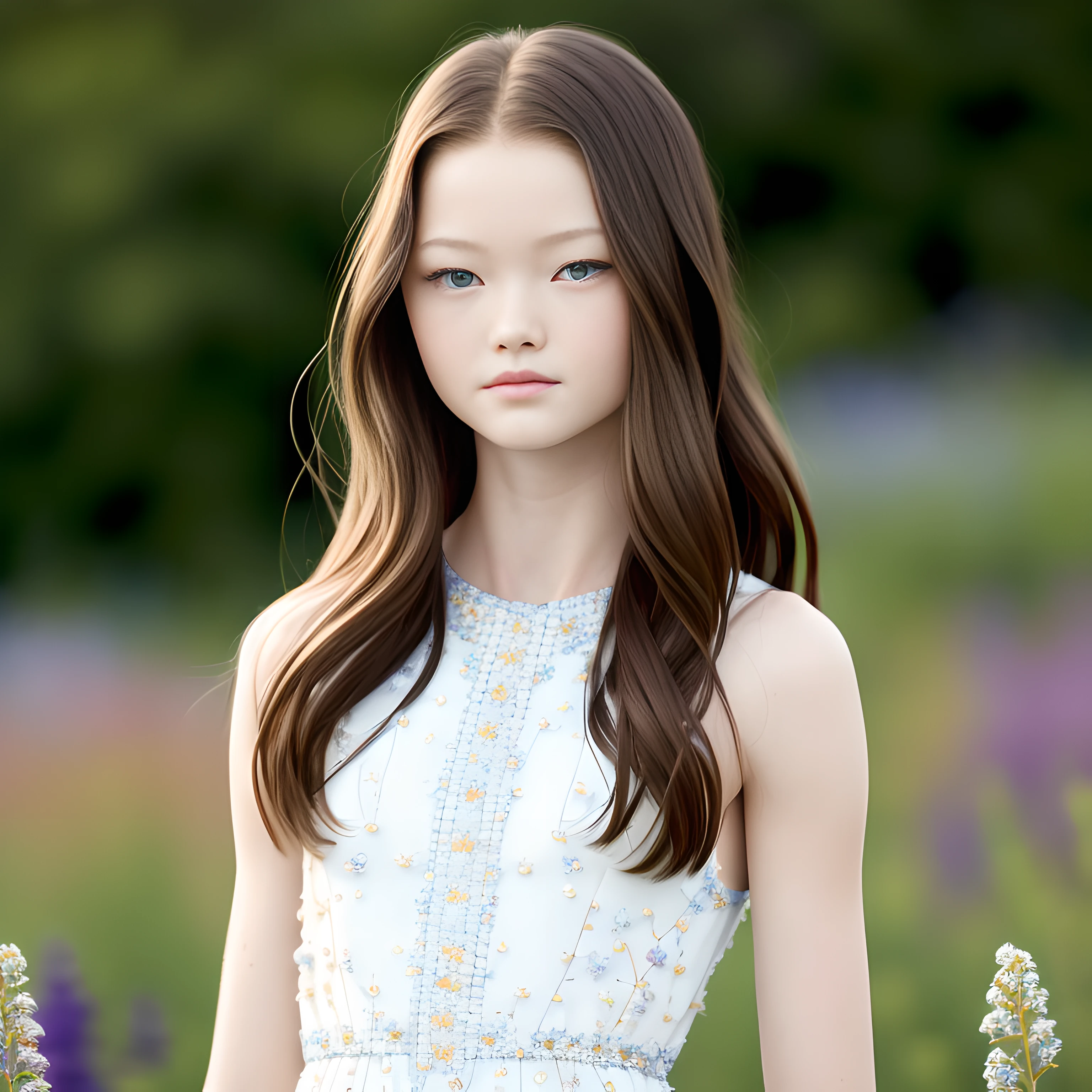 masterpiece, sharp focus, ultrarealistic, (full body), Mackenzie Foy, Interstellar, beautiful intricate face, intricate hair, simple short dress, outside, field of flowers