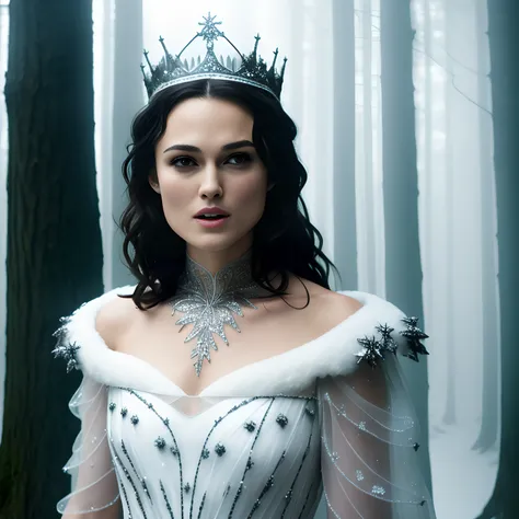 masterpiece, full body intricate, sharp focus, ultrarealistic, teenage Keira Knightley as snow white, love actually, intricate face, transparent white dress, ice crown, horror, forest, fog, terror