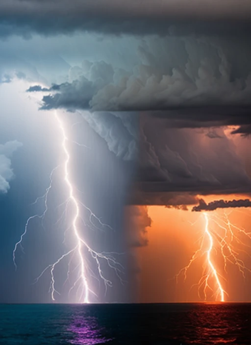 A dramatic and powerful storm, with lightning illuminating the sky and rain pouring down, painting by unknown