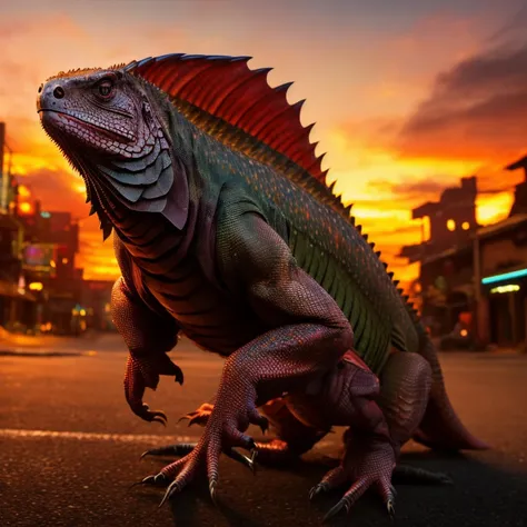 dark and gloomy 8k photo, Ronin iguana wearing broken battle armor, outside cyberpunk saloon, action shot, sunset, detailed, detailed face, (vibrant, photo realistic, realistic, dramatic, dark, sharp focus, 8k)