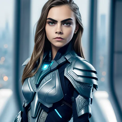 masterpiece, sharp focus, ultrarealistic, (full body), teenage Cara Delevingne,Valerian and the City of a Thousand Planets, beautiful intricate face, intricate hair, future soldier armor