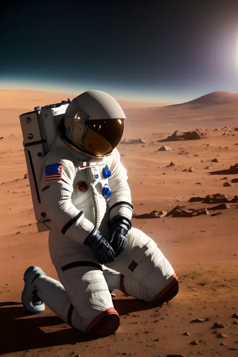 masterpiece, astronaut on mars, kneeling with his head in his hands, wallpaper, vibrant, photo realistic, realistic, dramatic, dark, sharp focus, 8k, ray tracing, pov side