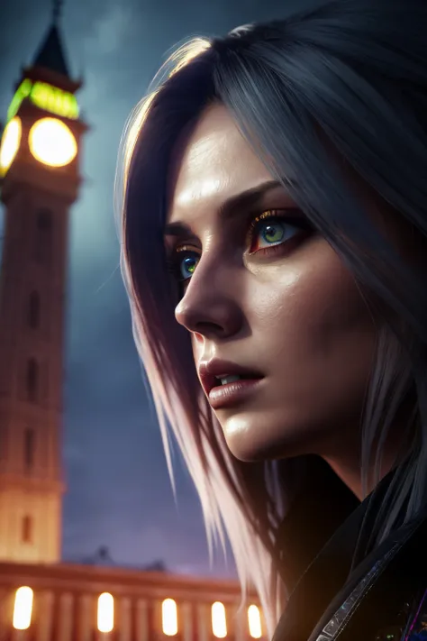 beautiful gorgeous 8k photo, female, pale Metallic Sunburst hair, sitting at clock tower, very dark lighting, dreary, spooky, extreme wide angle lens, eerie, detailed, multi colored eyes, detailed face, (vibrant, photo realistic, realistic, dramatic, dark, sharp focus, 8k)