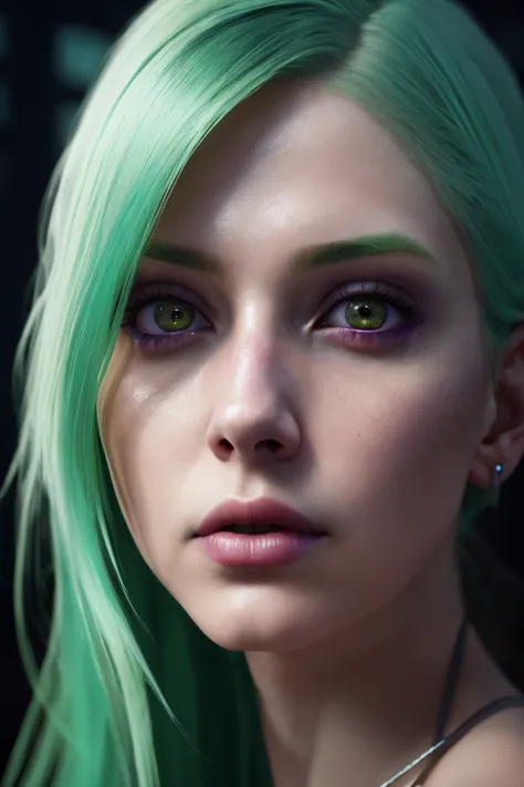 beautiful gorgeous 8k photo, female, pale Artichoke green hair, sitting at architecture, very dark lighting, dreary, spooky, extreme wide angle lens, eerie, detailed, colorful eyes, detailed face, (vibrant, photo realistic, realistic, dramatic, dark, sharp focus, 8k)