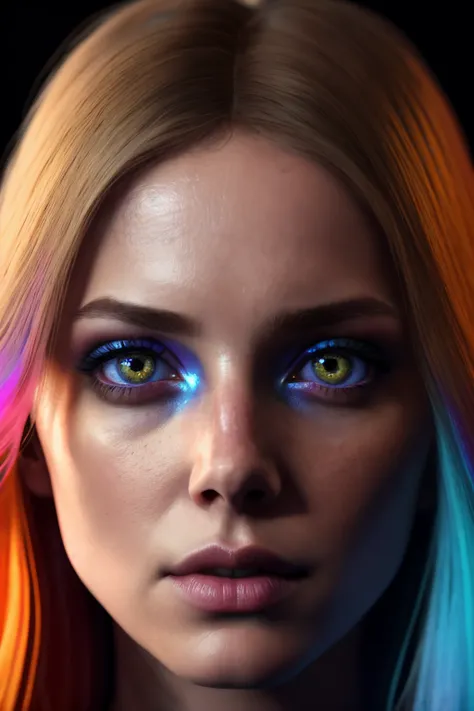 beautiful gorgeous 8k photo, female, pale Tuscany hair, sitting at asteroid, very dark lighting, dreary, spooky, extreme wide angle lens, eerie, detailed, rainbow eyes, detailed face, (vibrant, photo realistic, realistic, dramatic, dark, sharp focus, 8k)