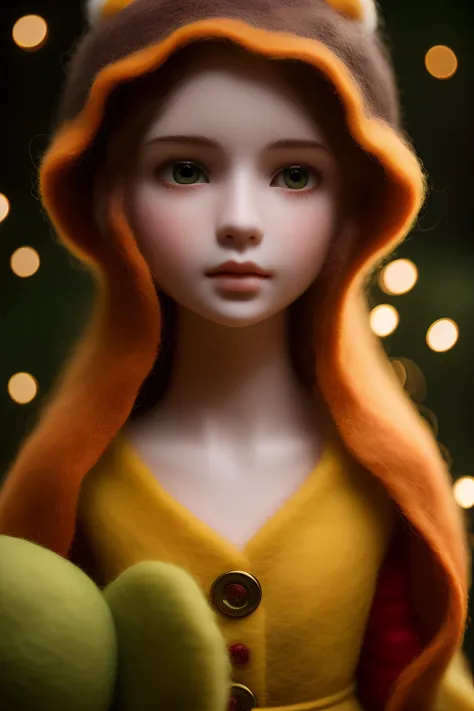 beautiful portrait of cute girl in the middle of magical forest, felt, felted, fuzzy, handmade, handcrafted, plushie, doll, diorama, scene, close up, tilt shift, award winning photography, intricate details, insanely detailed, cinematic lighting, sharp focus, 85mm lens, unreal engine, octane render