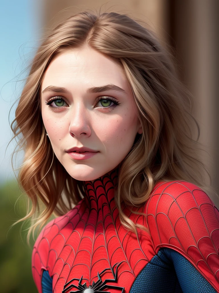 photo of eliol69, highres, masterpiece, 1girl, solo, best quality, realistic, outdoors, looking at viewer, perspective shot, ((Spiderman cosplay)), sweat, petite, navel, (red hair), smirk, aroused, 4K, HDR. by (James C. Christensen:1.2|Jeremy Lipking:1.1).