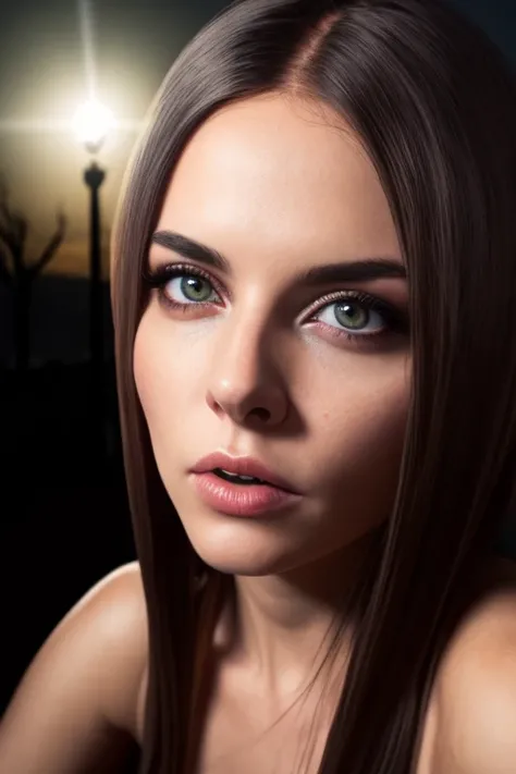 beautiful gorgeous 8k photo, female, pale Metallic Sunburst hair, sitting at clock tower, very dark lighting, dreary, spooky, extreme wide angle lens, eerie, detailed, multi colored eyes, detailed face, (vibrant, photo realistic, realistic, dramatic, dark, sharp focus, 8k)