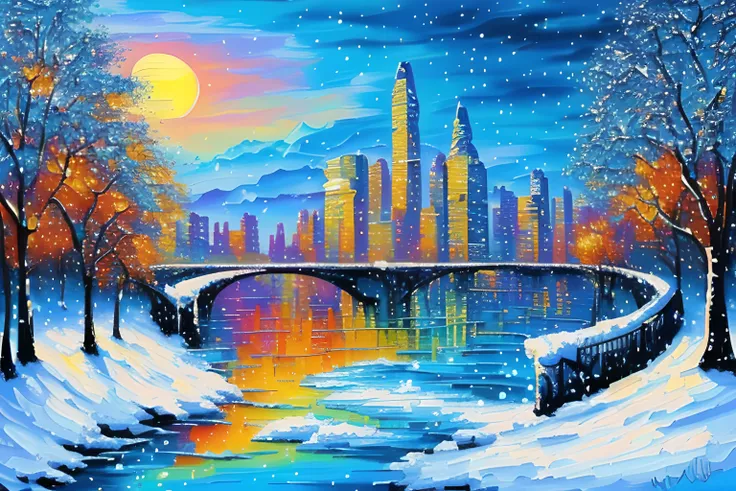 masterpiece, best quality, (deep vivid colors | (art by acrylic pouring:1.4) | illustration), (city:1.4), river, sunset, (snowing:1.4), dark gradation background