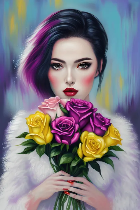 masterpiece, best quality, (vivid colors | (art by acrylic pouring:1.2) | illustration | pastel), a woman holding a bouquet of flowers, black hair, white and red and yellow rose, high contrast, portrait, waist shot