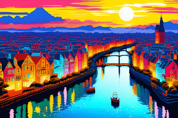 masterpiece, best quality, (bright vivid colors | art by acrylic pouring | 2d minialist vector illustration), city, river, sunset, a high chroma, dark gradation background