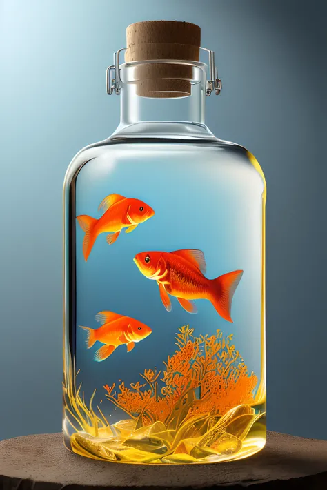 masterpiece, best quality, (((photorealistic))), ultra realistic 8k, hdr, beautiful one goldfish in bottle, big bottle, (fish in colorful water ), one mini fish, (intricate details, hyperdetailed)