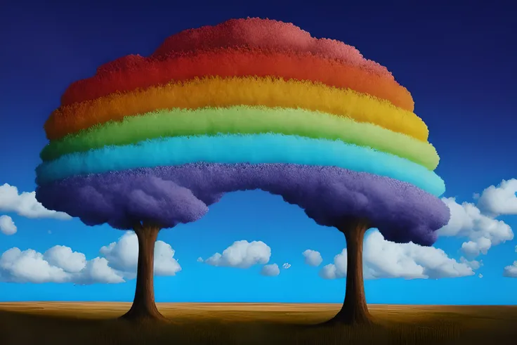 abstract sky with cloud,  one rainbow, psychedelic surrealism