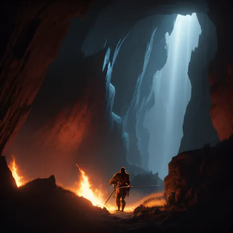 A man (1boy) alone, seen (((from front))). (((Figure fills frame))). He is an epic and heroic barbarian, a ((tanned)) (muscle male) (bodybuilder), (hairy:1.7), long hair blowing in the wind; he has a realistic face, realistic eyes, (detailed facial features). He is ((facing the viewer)). He is wearing a fur ((loin cloth)), and is carrying a wooden spear, emerging from a dark cave entrance. It is dark, the only source of light is a campfire out of view to the right. Highly detailed fantasy art, dramatic volumetric light, artstation, beautiful modern fantasy illustration, by Terese Nielsen. <lora:BulkedUpAIR1.5:0.3>