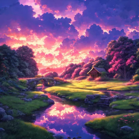Realistic anime comic styled, peaceful dawn, dewy meadow, early morning light, charming stone bridge over a clear stream, mystical atmosphere, huge clouds, zoom out, dreamy, vibrant, contrasting <lora:MyType:1>