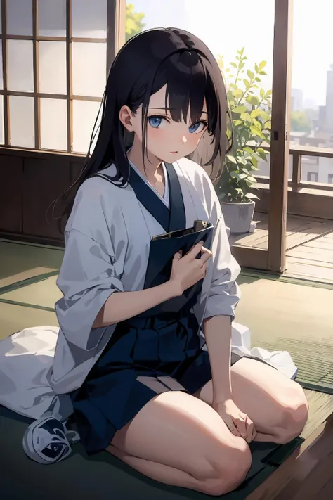 anime girl sitting on the floor with a cell phone in her hand