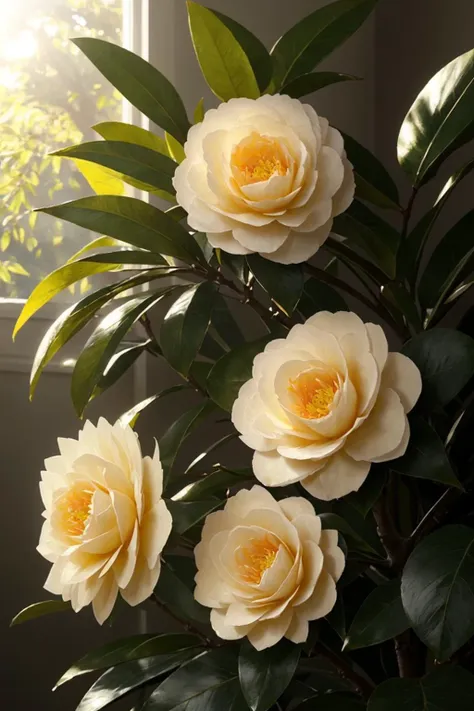 Plant, Camellia, Evergreen Flower, Blossom, Photograph, sunlight, yellow sunlight, sunbeams