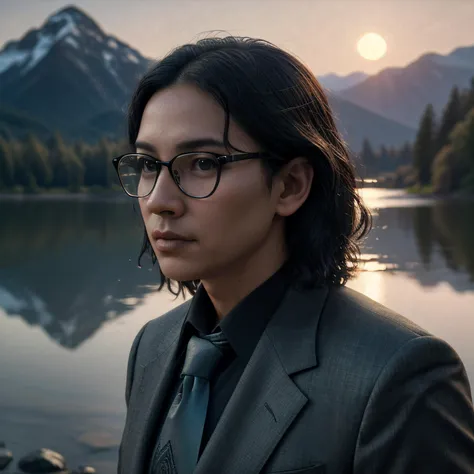 cinematic film still of UHD photo of man,An erudite gentleman in his sixties with short, gray hair and wire-rimmed glasses, wearing a dark, tailored suit with a white shirt and tie , Background A serene lake at sunset, with a full moon rising behind the mountains. But as the light changes, the water begins to ripple and churn, revealing strange creatures lurking beneath the surface a utopian world in good light with harmony ,detailed, tag, mural, hyper detailed, expressive,  award winning, (intricate details, masterpiece, best quality:1.4), ultra realistic 8k ,extremely detailed face eyes, <lora:GoodHands-beta2:1>, Extremely high-resolution details, photographic, realism pushed to extreme, fine texture, incredibly lifelike, soft pastel colors, splash art, splashed pastel colors, (soft iridescent glow smoke) motion effects, best quality, wallpaper art,, by Satoshi Kon and Mike Mignola,  (black , alluring , masterful:1.4), poster art, bold lines, hyper detailed, expressive,  award winning,  (landscape:1.4), (intricate details, masterpiece, best quality:1.4),
key lighting , looking at viewer, dynamic pose, wide angle view,, shallow depth of field, vignette, highly detailed, high budget, bokeh, cinemascope, moody, epic, gorgeous, film grain, grainy