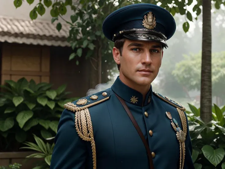 cinematic film still of UHD photo of gun man,A robust, clean-shaven man in his forties with short, sandy-colored hair and bright blue eyes, wearing a navy-blue captain's uniform with gold epaulettes and a black, wide-brimmed hat adorned with a silver badge and sea saber, He possesses an easygoing, charismatic personality that puts everyone at ease , Background a building that is entirely covered in lush vegetation, with plants cascading down its facade and creating a verdant oasis in the heart of the city with a concept moto racing in an utopian world in good light with harmony,detailed, tag, mural, hyper detailed, expressive, award winning, (intricate details, masterpiece, best quality:1.4), ultra realistic 8k ,extremely detailed face eyes, <lora:GoodHands-beta2:1>, Extremely high-resolution details, photographic, realism pushed to extreme, fine texture, incredibly lifelike, soft pastel colors, splash art, splashed pastel colors, (soft iridescent glow smoke) motion effects, best quality, wallpaper art,, shallow depth of field, vignette, highly detailed, high budget, bokeh, cinemascope, moody, epic, gorgeous, film grain, grainy
