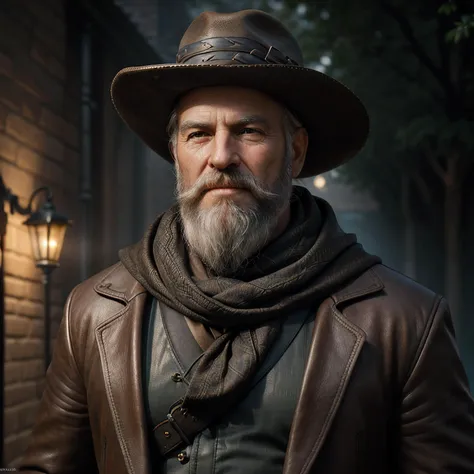 cinematic film still of UHD photo of man,A wiry, elderly man with a bushy white beard, balding scalp and a distinctive black bandana covering his mouth and nose, He wears a brown dustcoat, black leather gloves and a wide-brimmed hat with a snakeskin band, His shifty eyes and broad grin exude a folksy charm, Carries a double-barreled shotgun , Background A shadowy alleyway, illuminated only by a single flickering streetlamp, where a mysterious figure, shrouded in darkness, metes out justice with a silenced pistol and a swift, deadly motion with a concept moto racing in an utopian world in good light with harmony,detailed, tag, mural, hyper detailed, expressive,  award winning, (intricate details, masterpiece, best quality:1.4), ultra realistic 8k ,extremely detailed face eyes, <lora:GoodHands-beta2:1>, Extremely high-resolution details, photographic, realism pushed to extreme, fine texture, incredibly lifelike, soft pastel colors, splash art, splashed pastel colors, (soft iridescent glow smoke) motion effects, best quality, wallpaper art,, shallow depth of field, vignette, highly detailed, high budget, bokeh, cinemascope, moody, epic, gorgeous, film grain, grainy